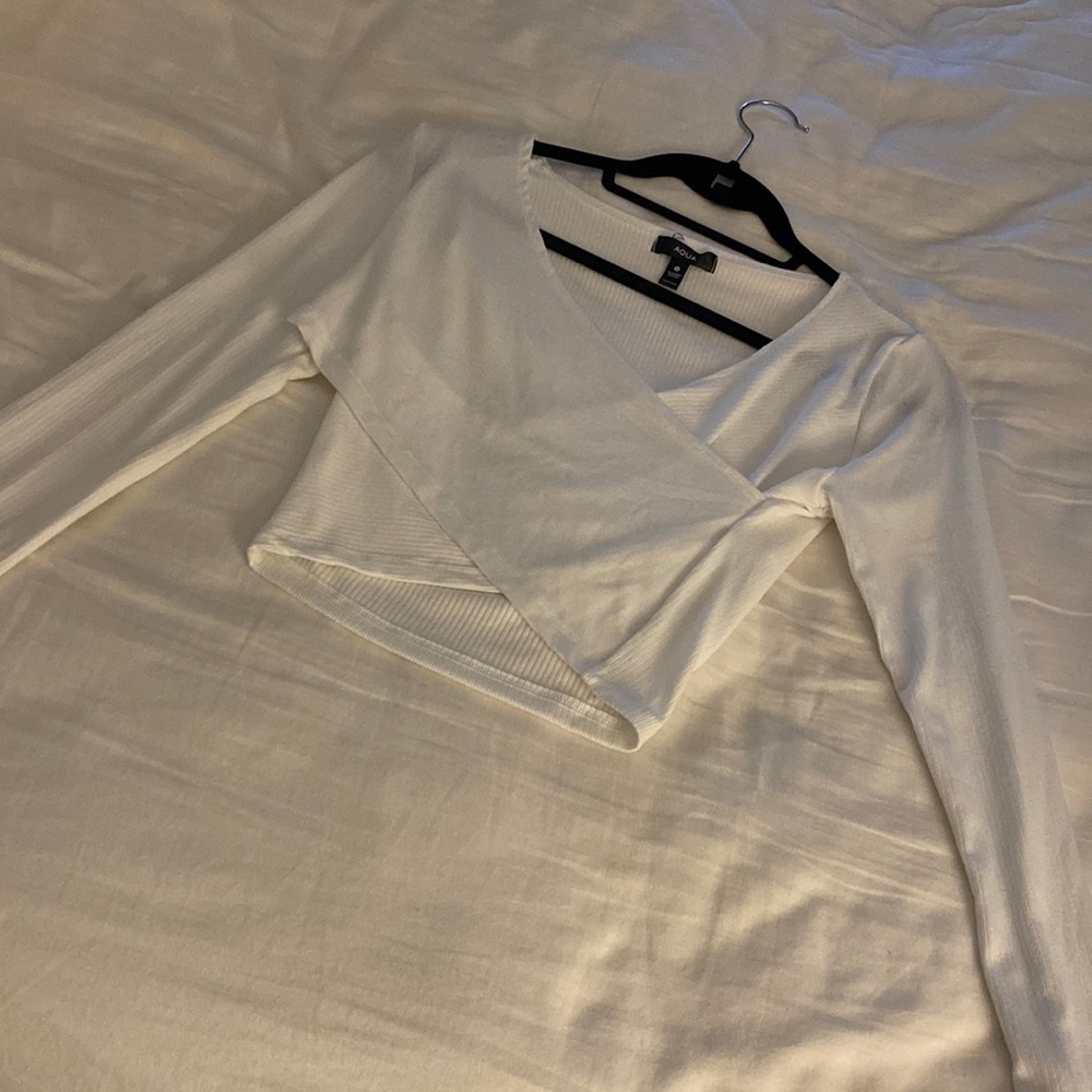 Aqua White Long Sleeve Wrap Crop Top